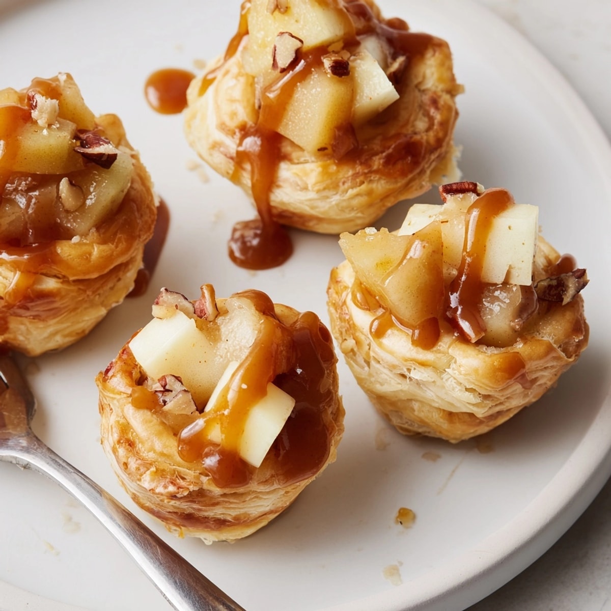 Sweet, salty Caramel Apple Brie Bites recipe, oozing warm brie and sticky caramel.