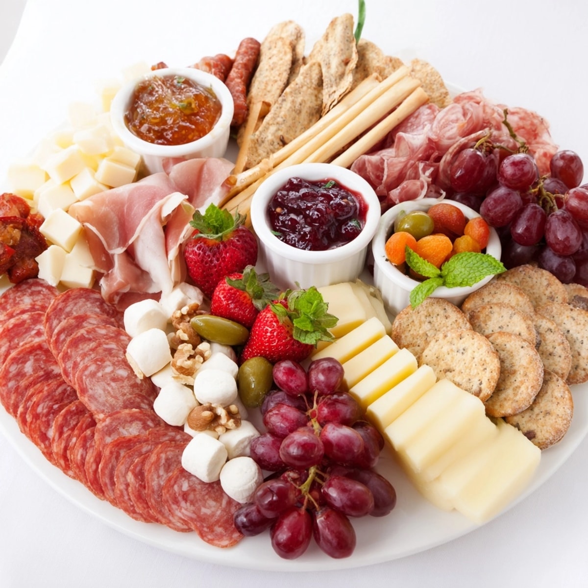 Delectable charcuterie board highlighted by elegant mini festive cheesecakes, a sweet and savory spread.