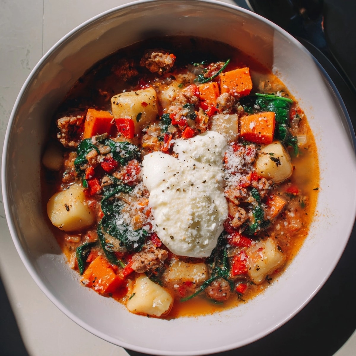 Close-up revealing the texture and enticing steam of homemade sweet potato gnocchi Lasagne Soup.