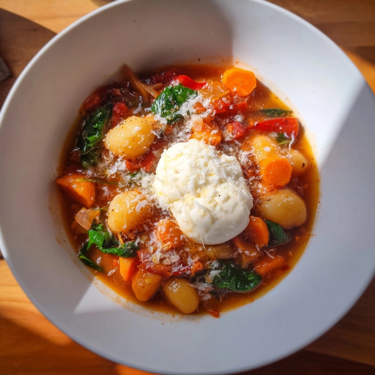 Homemade Lasagne Soup featuring sweet potato gnocchi with rich tomato broth, ready to serve.