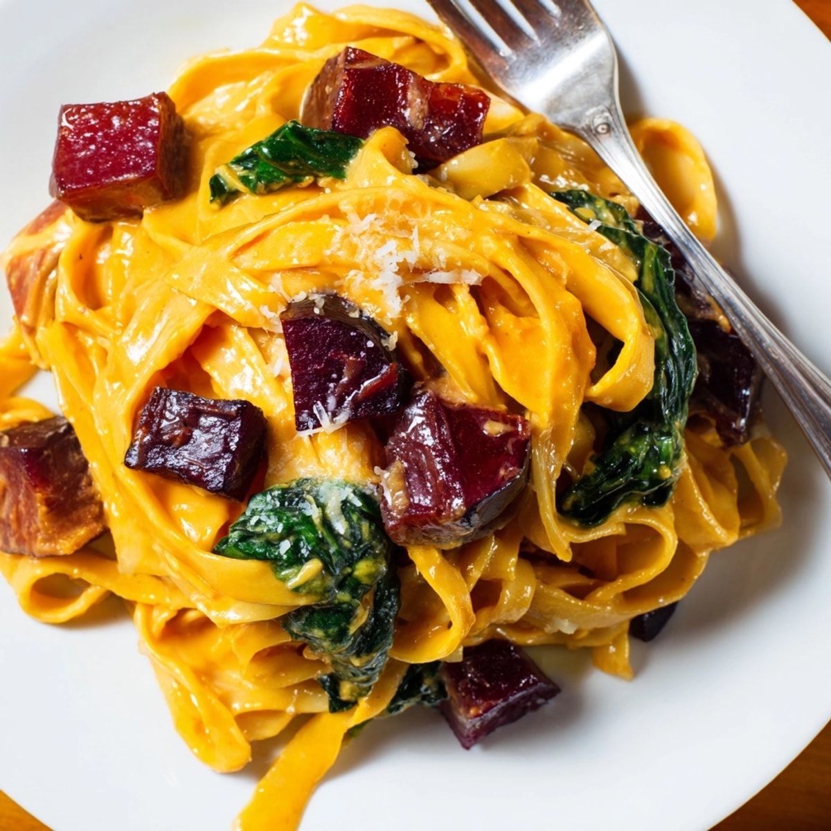 Golden noodles coated in Pumpkin Pasta with Roasted Maple Beet sauce, beets glistening.