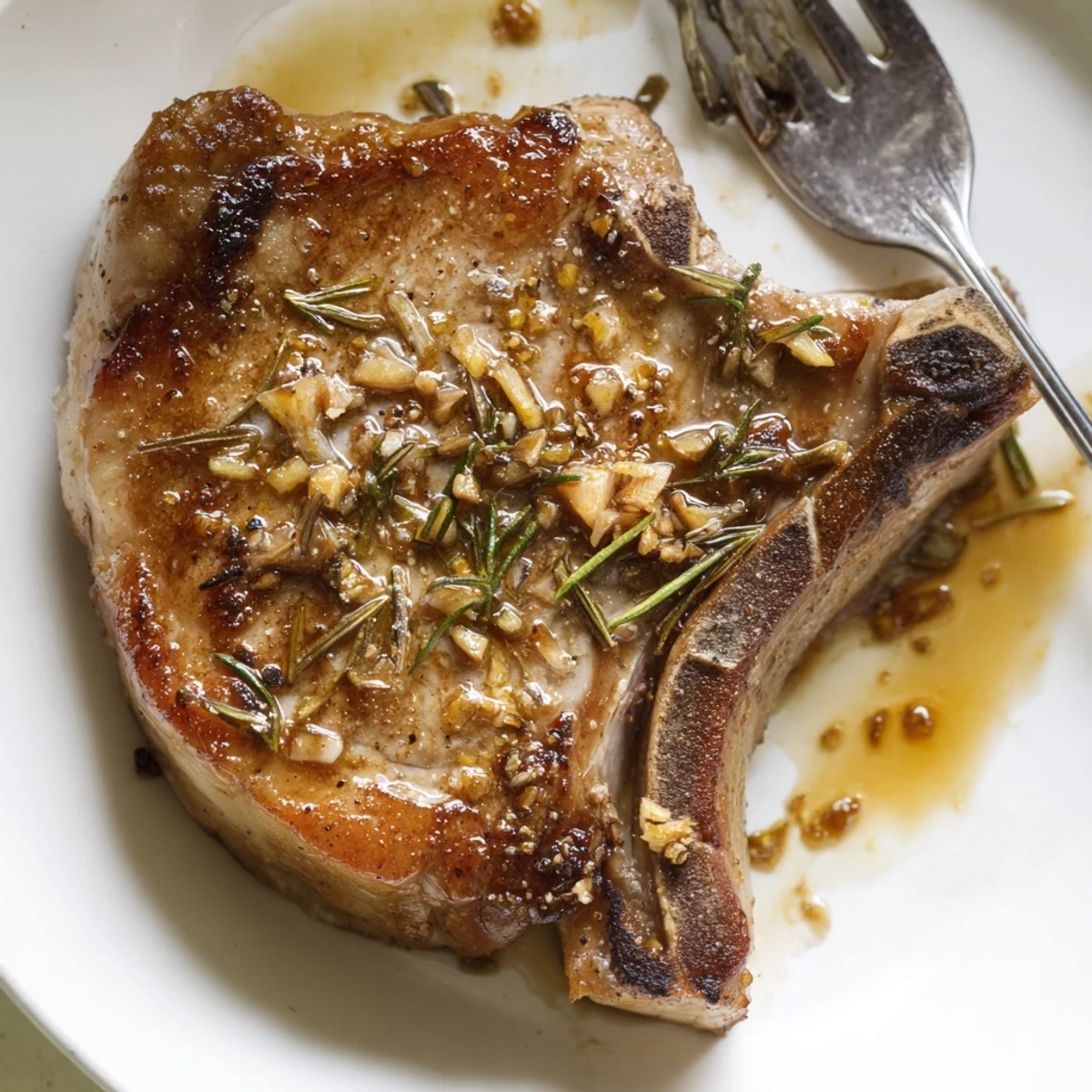 Juicy garlic rosemary pork chops served with buttery pan sauce and lemon drizzle.  