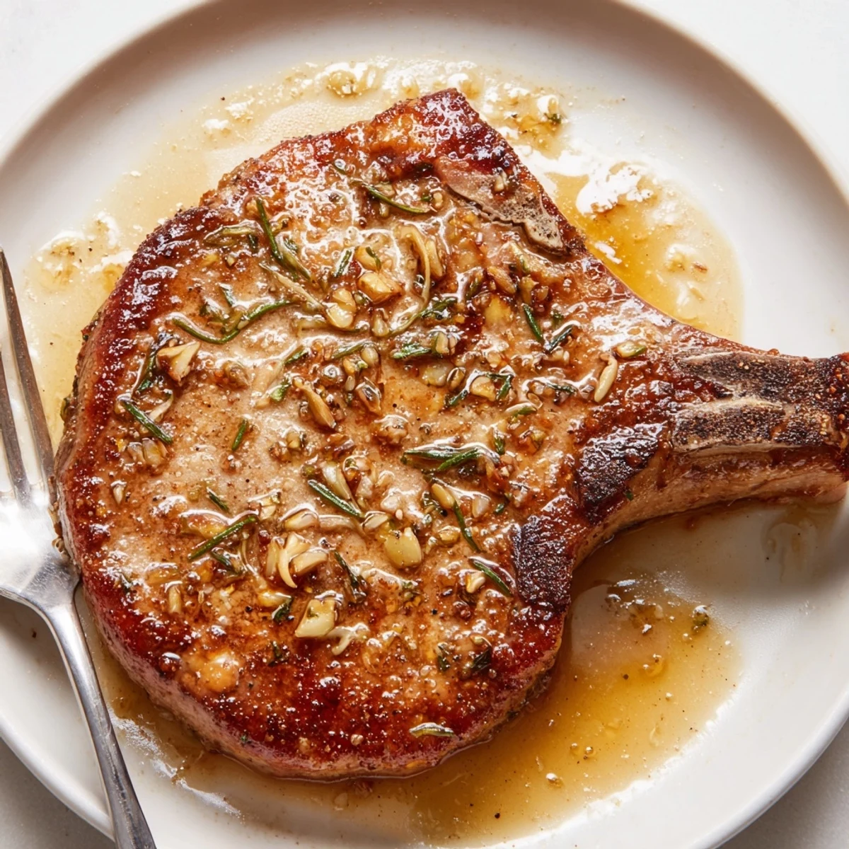Tender pork chops topped with savory pan sauce and fragrant rosemary sprigs.