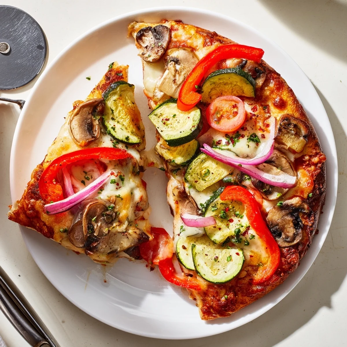 Enjoy a slice of Cajun Roasted Veggie Pizza, featuring spicy veggies and gooey mozzarella.