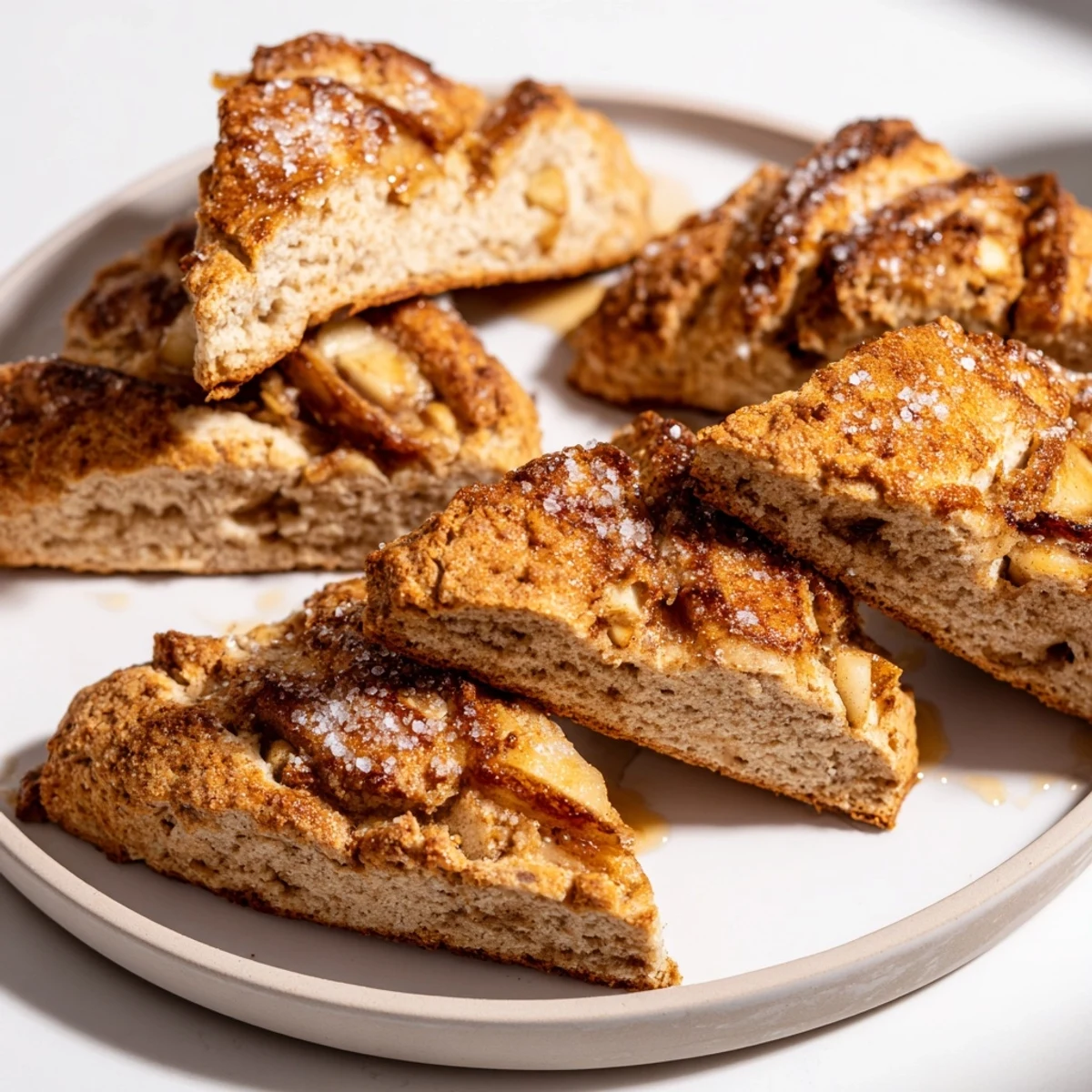 Tender Cinnamon Honey Apple Scones topped with drizzled honey for a delightful breakfast.  