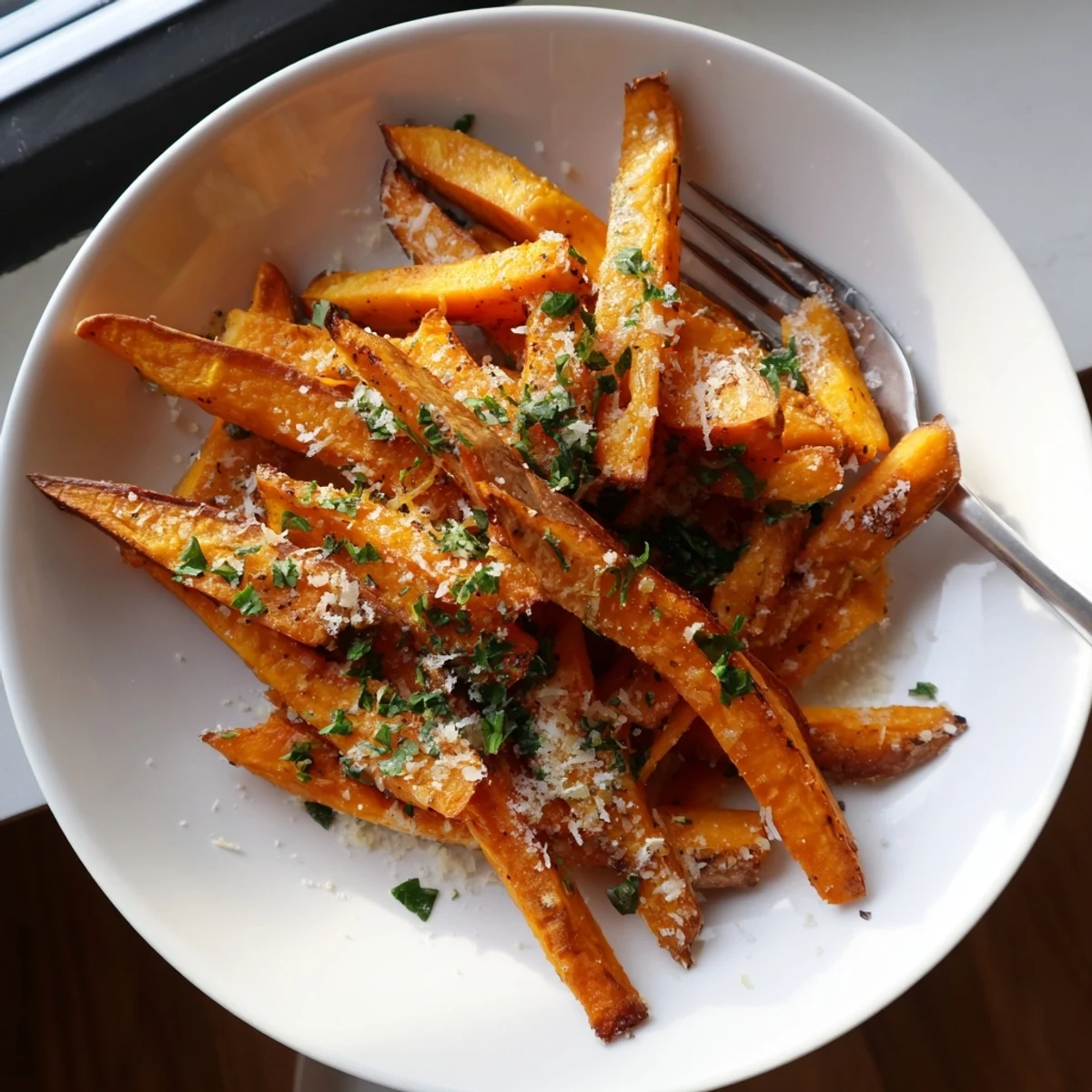 Savory Garlic Parmesan yam fries, perfectly seasoned and begging to be dipped.