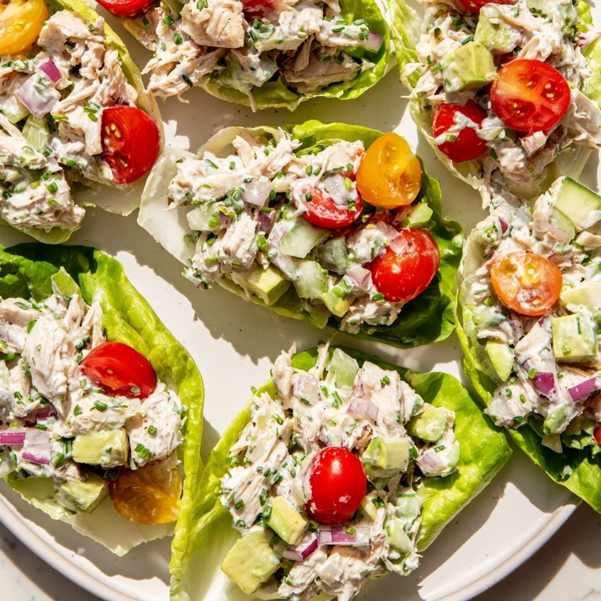 Delicious avocado ranch chicken salad nestled in fresh butter lettuce cups.  