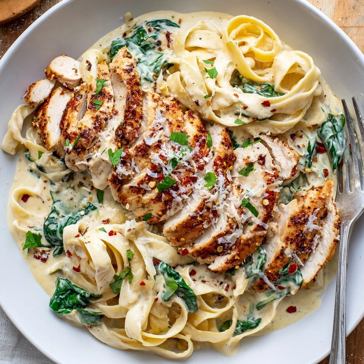 Creamy Cajun Chicken Spinach Alfredo Pasta topped with fresh parsley and Parmesan.  