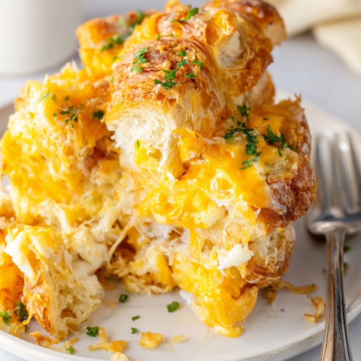 Decadent Cheesy Garlic Egg Croissant Bake fresh from the oven, golden and bubbling.  