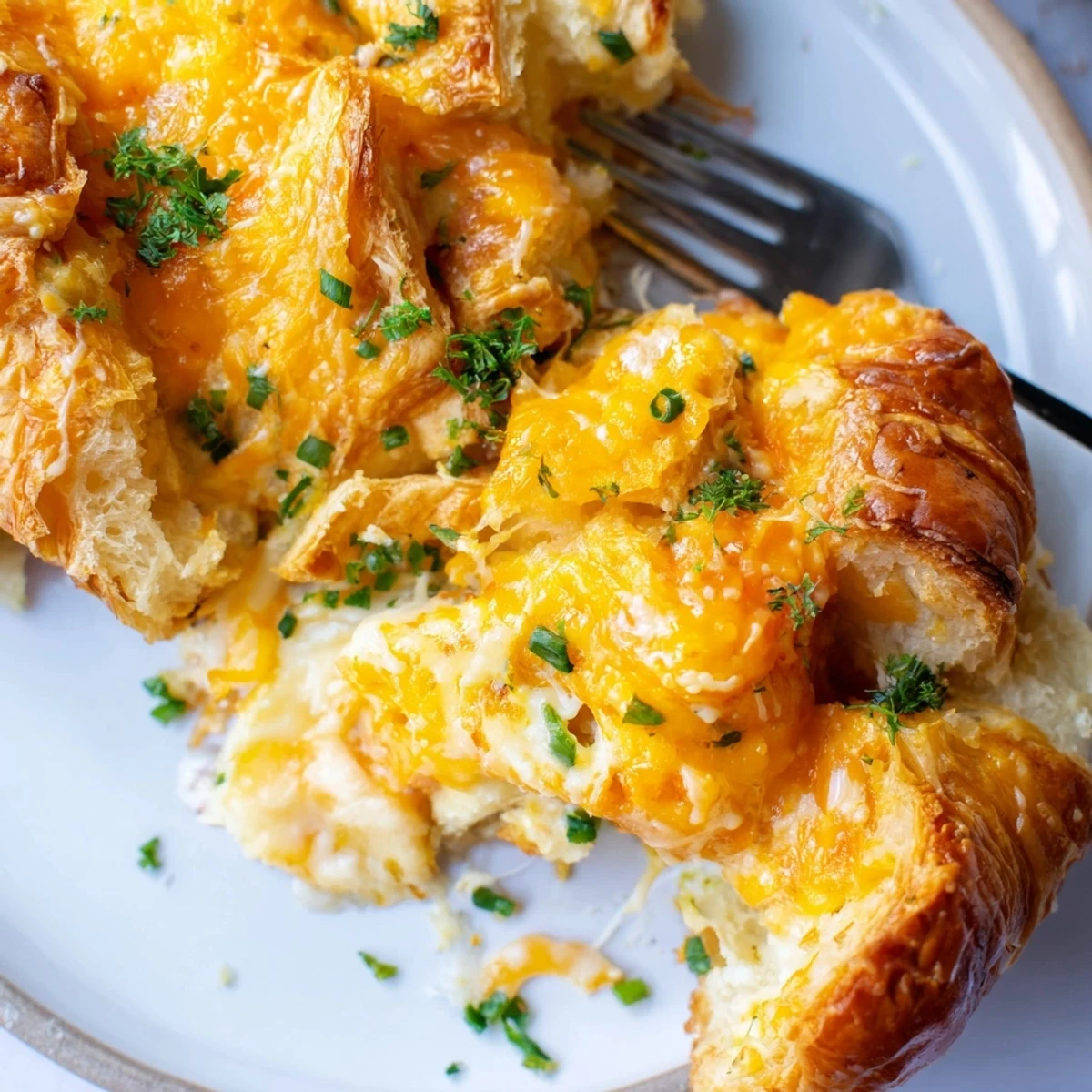 Warm, fluffy Cheesy Garlic Egg Croissant Bake with melted cheese and aromatic garlic flavors.