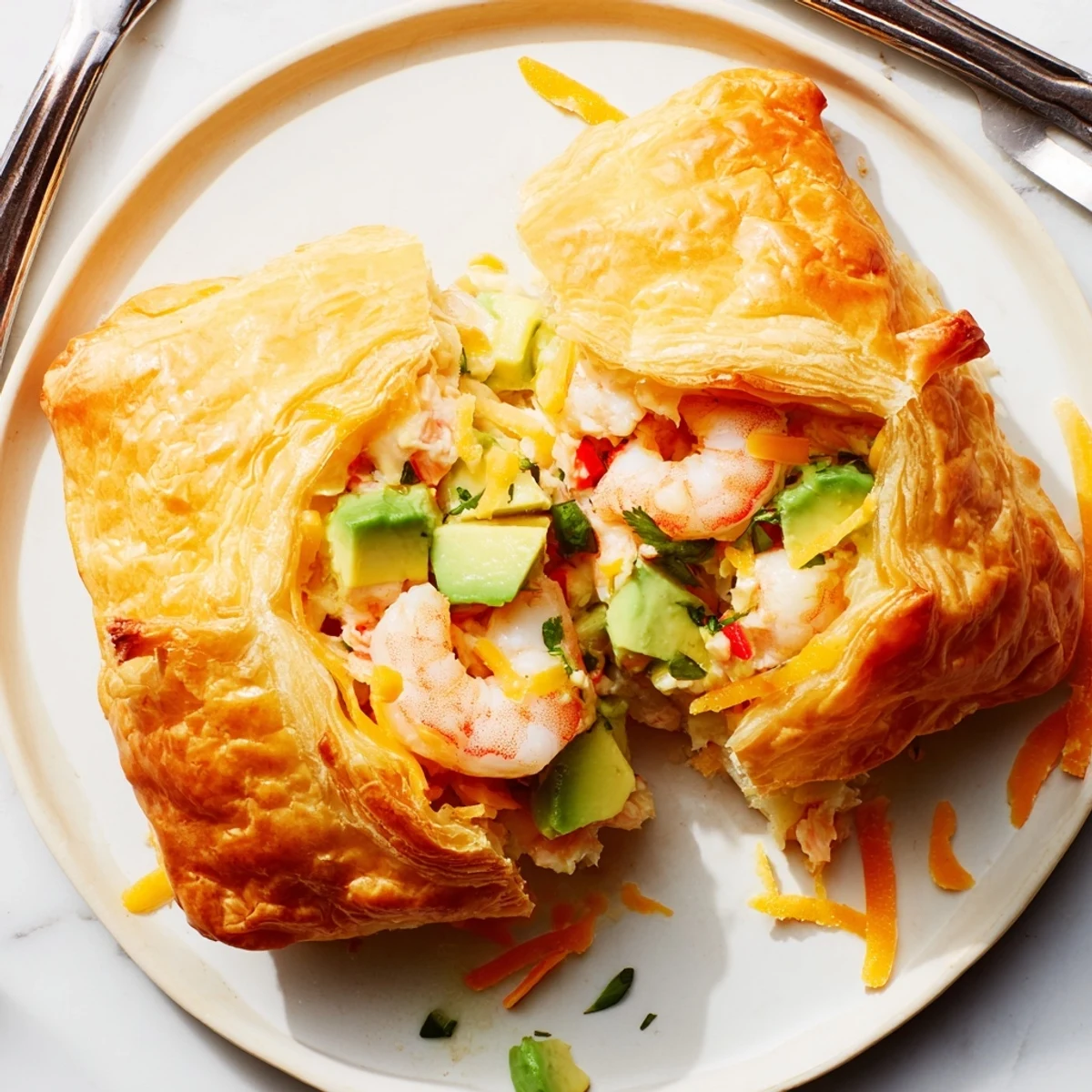 Golden Shrimp Avocado Cheddar Pockets with flaky pastry, perfect for casual gatherings.  