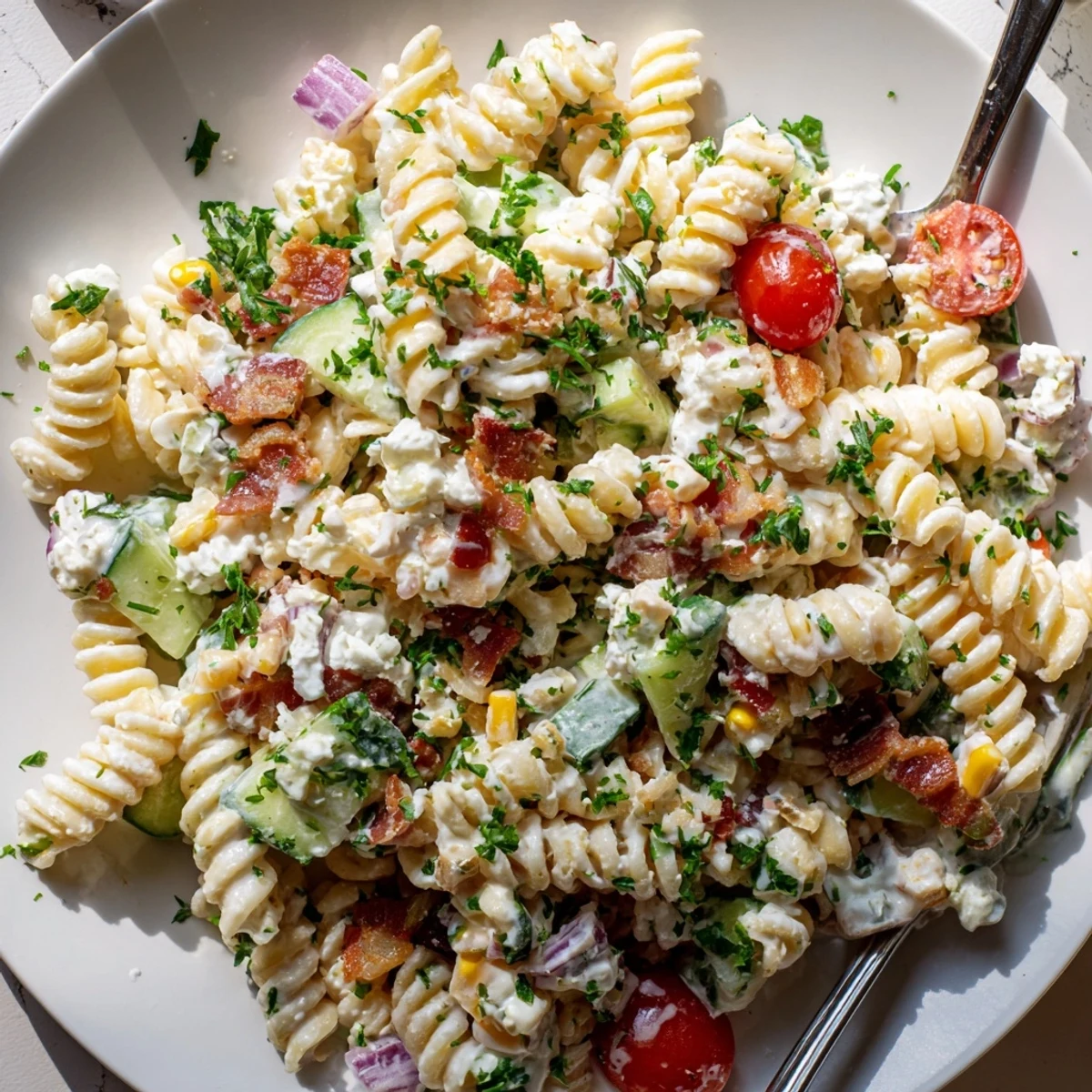 Chilled pasta salad featuring vibrant cherry tomatoes and luscious Alfredo Bacon Ranch dressing.