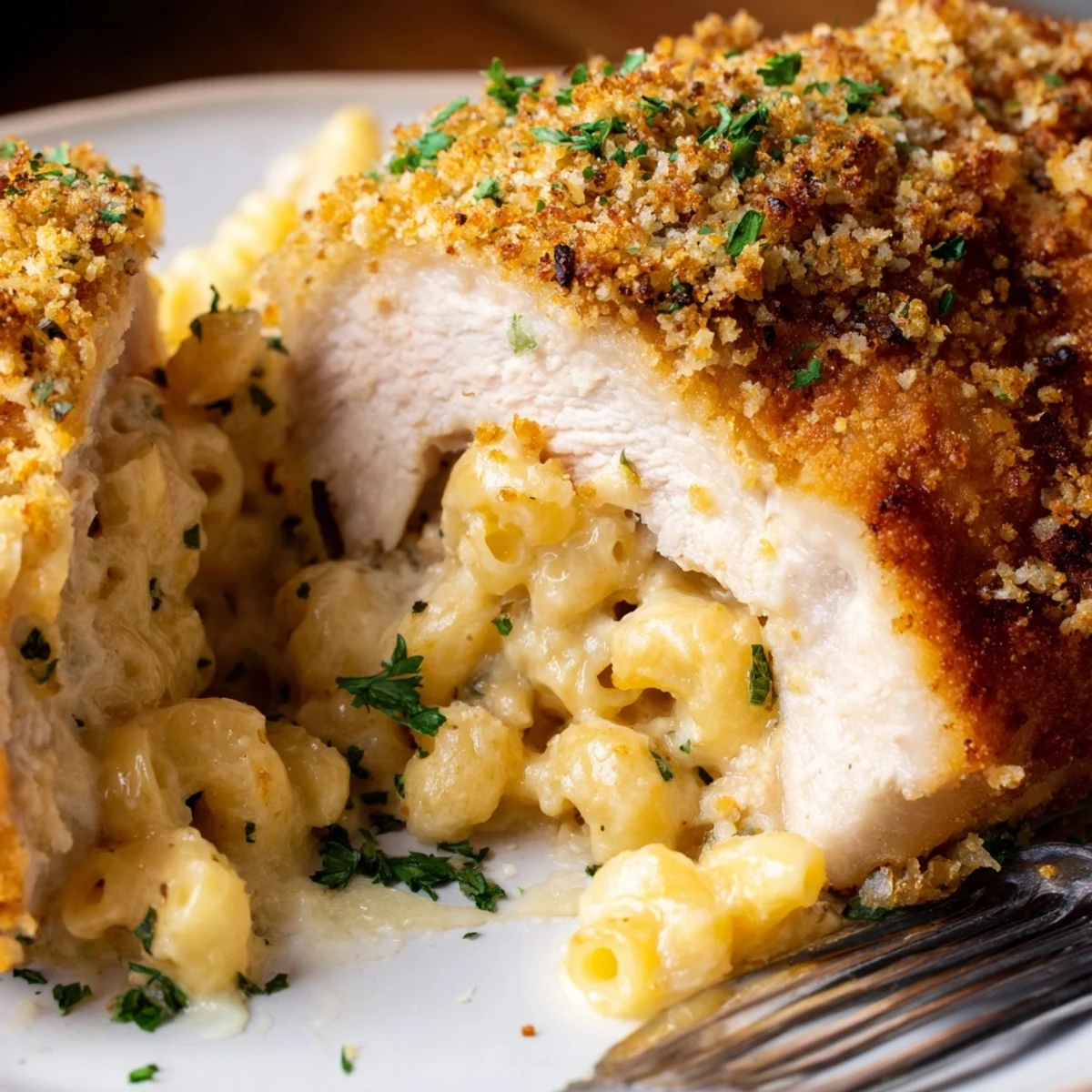 Deliciously creamy Mac and Cheese Stuffed Turkey Rolls, garnished with fresh parsley on top.  