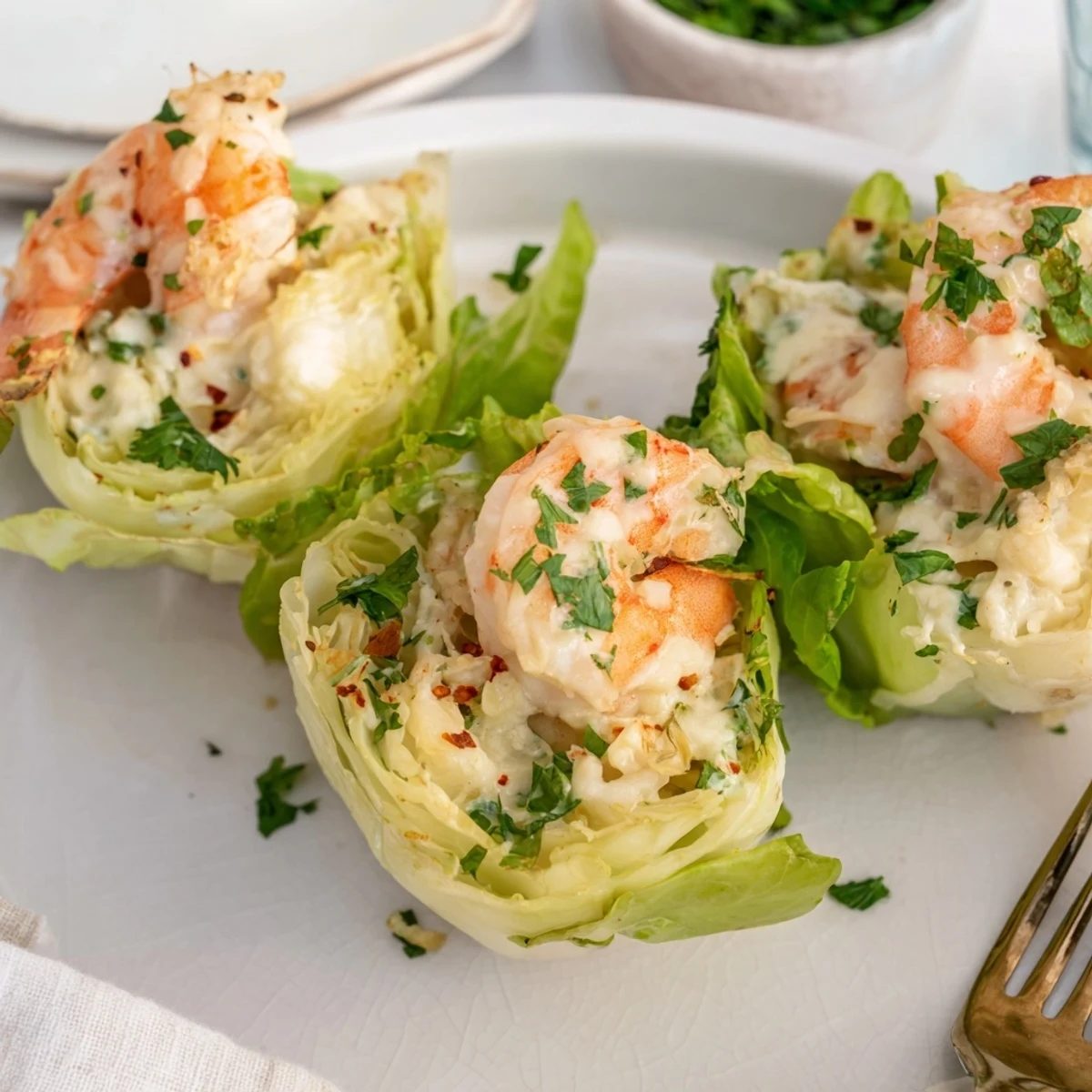 Tender shrimp Alfredo atop crunchy cabbage cups, perfect for low-carb dining.  