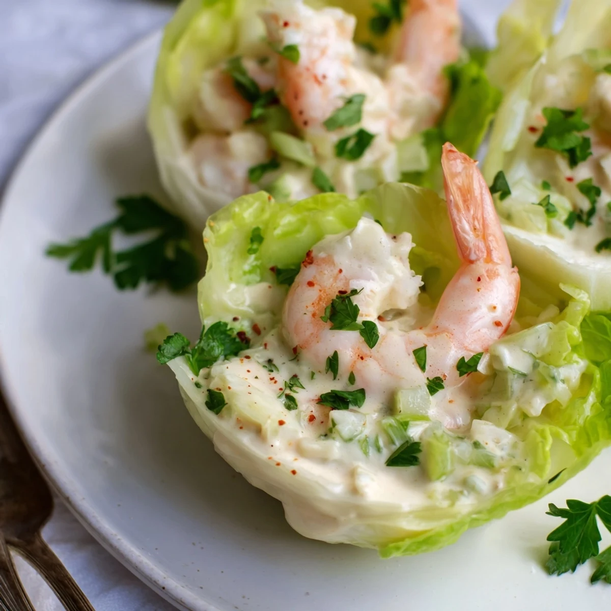 Creamy shrimp Alfredo nestled in fresh cabbage leaves, a vibrant low-carb delight.  