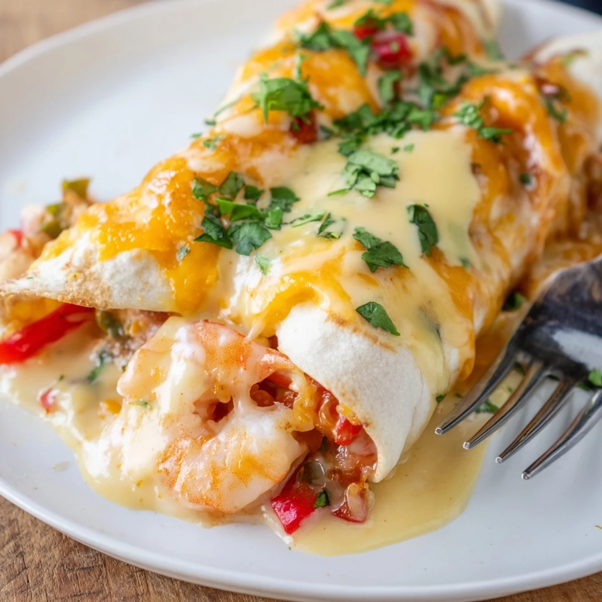 Creamy Cheesy Garlic Shrimp Enchiladas baked to golden perfection, rich and flavorful.  