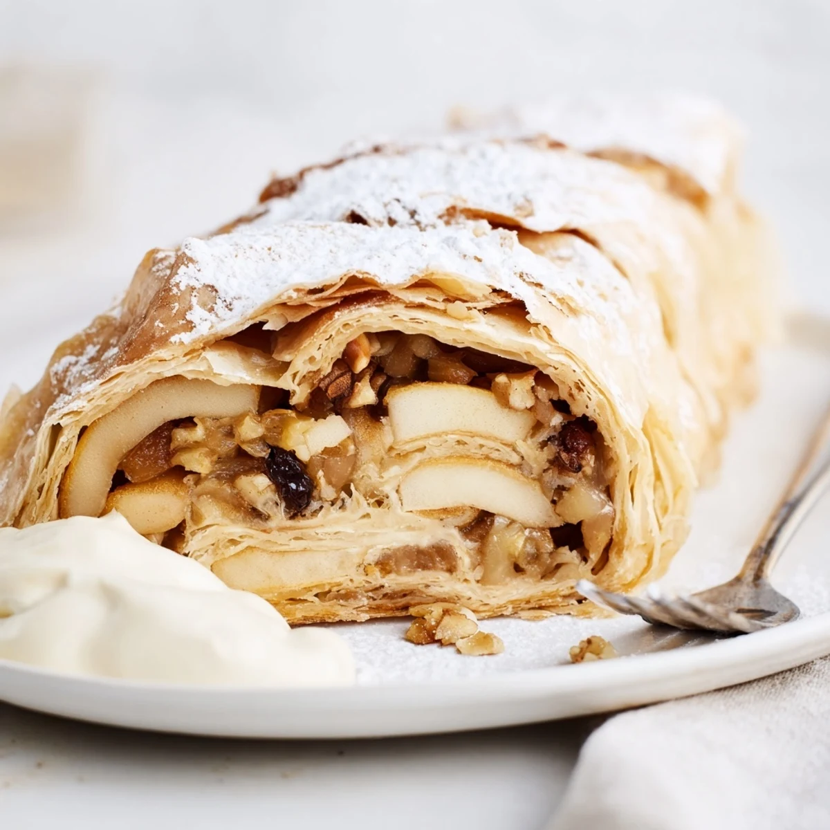Flaky Classic Apple Strudel with spiced apple filling, dusted with powdered sugar.  