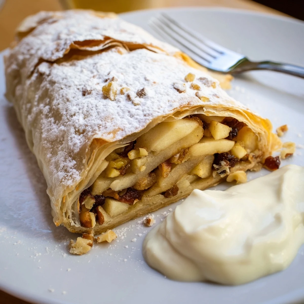 Golden-brown Classic Apple Strudel showcasing tart apples and fragrant cinnamon notes.
