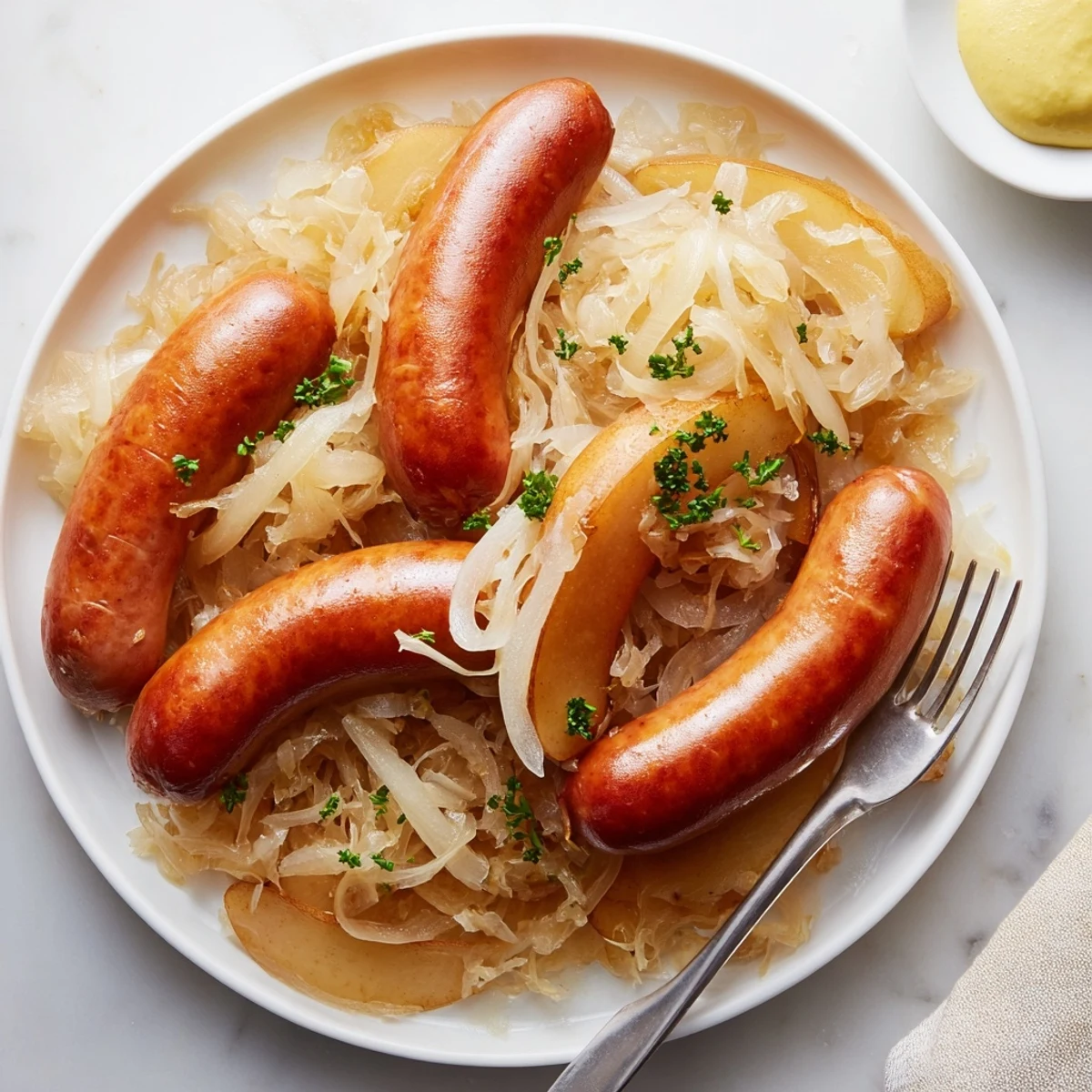 Juicy Oktoberfest Knackwurst sizzling over tangy sauerkraut with apples and onions.  