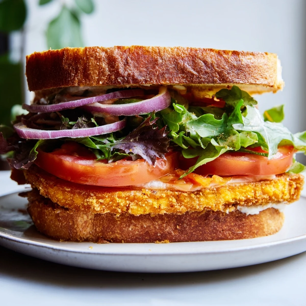Crispy pumpkin schnitzel sandwich with fresh greens and creamy sauce on a roll.  