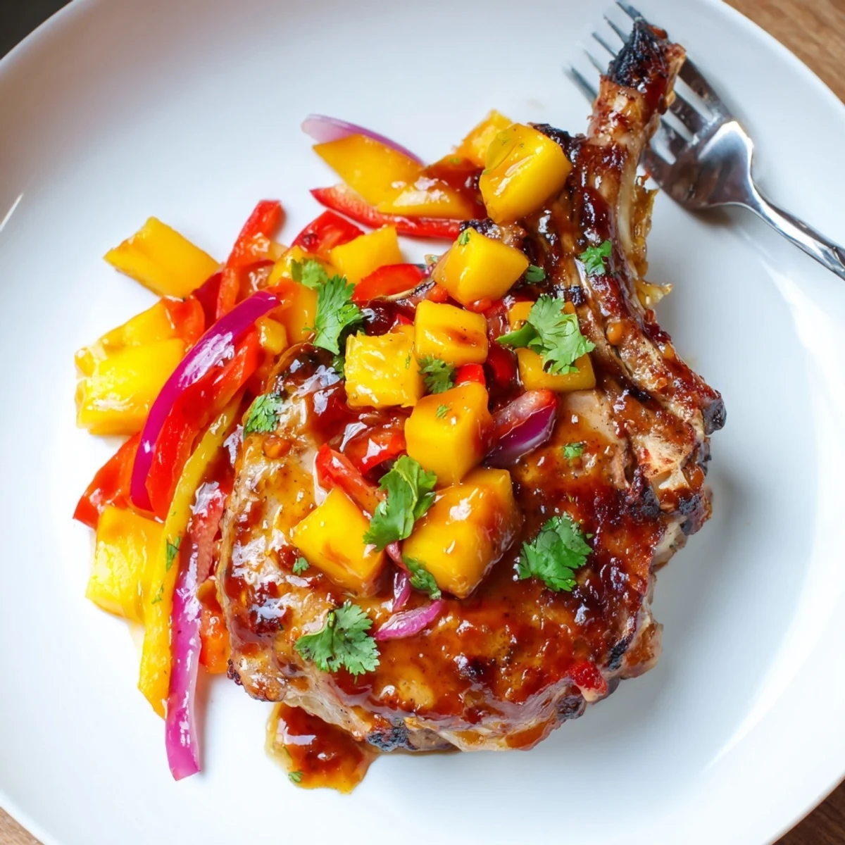 Sweet and tangy Mango BBQ Pork Chop Bake garnished with fresh cilantro, ready to serve.  
