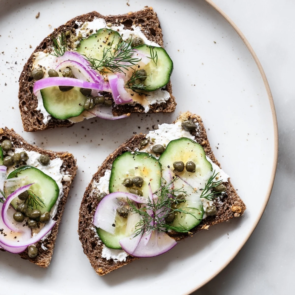 Savory rustic German black bread toasts with crispy cucumbers and red onion slices.  