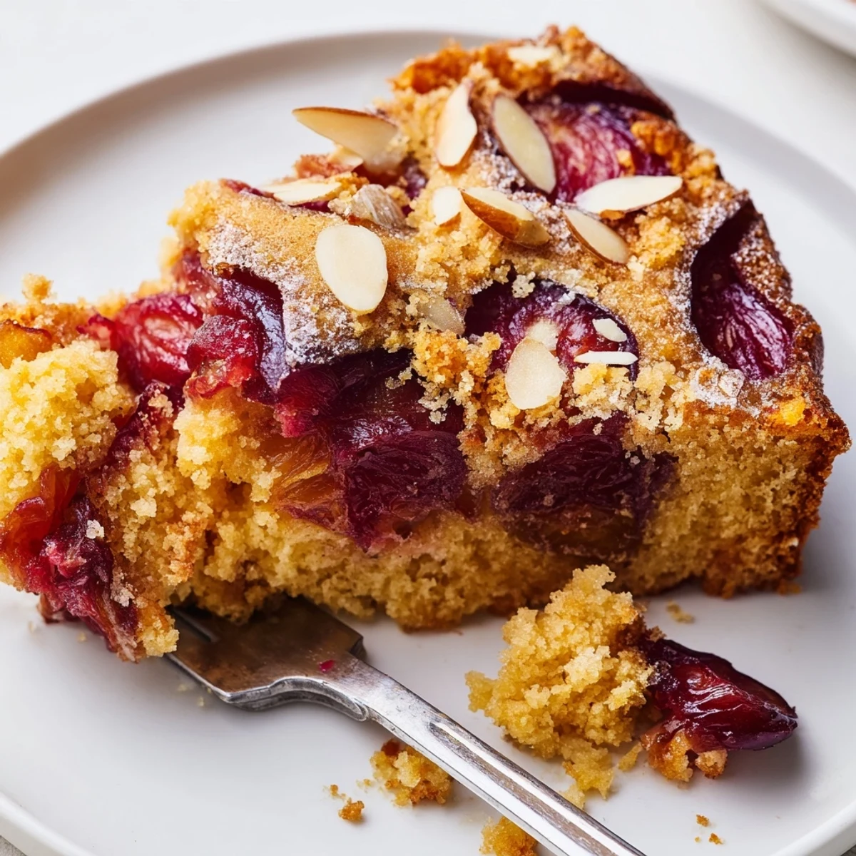 Sliced marzipan plum cake showcasing vibrant plums and a golden crust, ideal for afternoon coffee.  