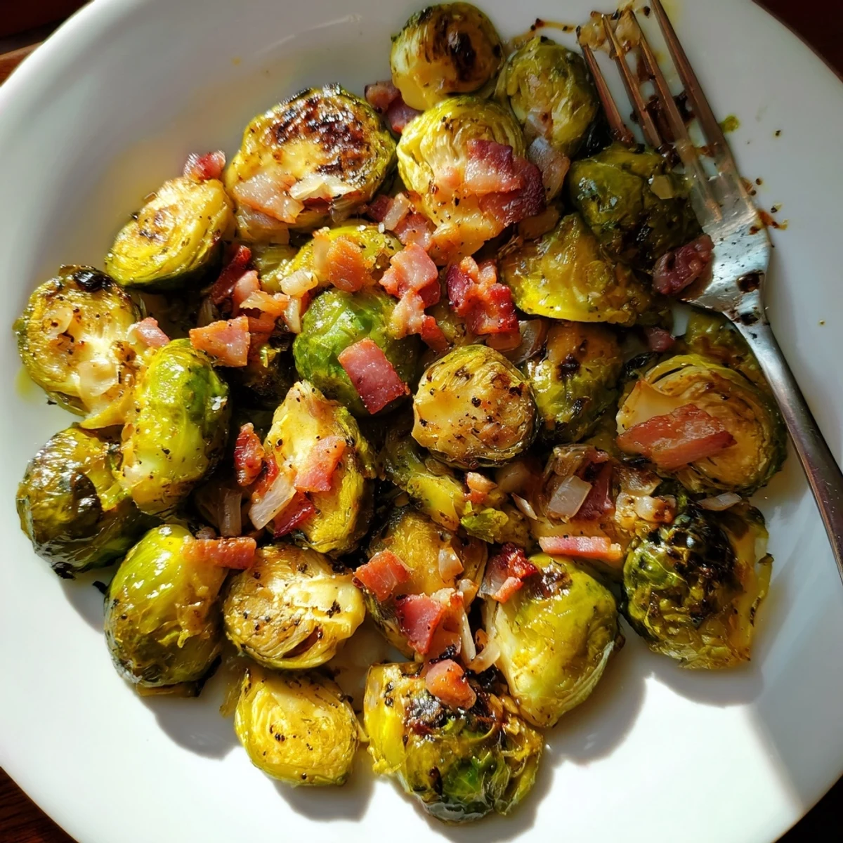 Beautifully caramelized Brussels sprouts with crispy bacon, perfect for holiday gatherings.