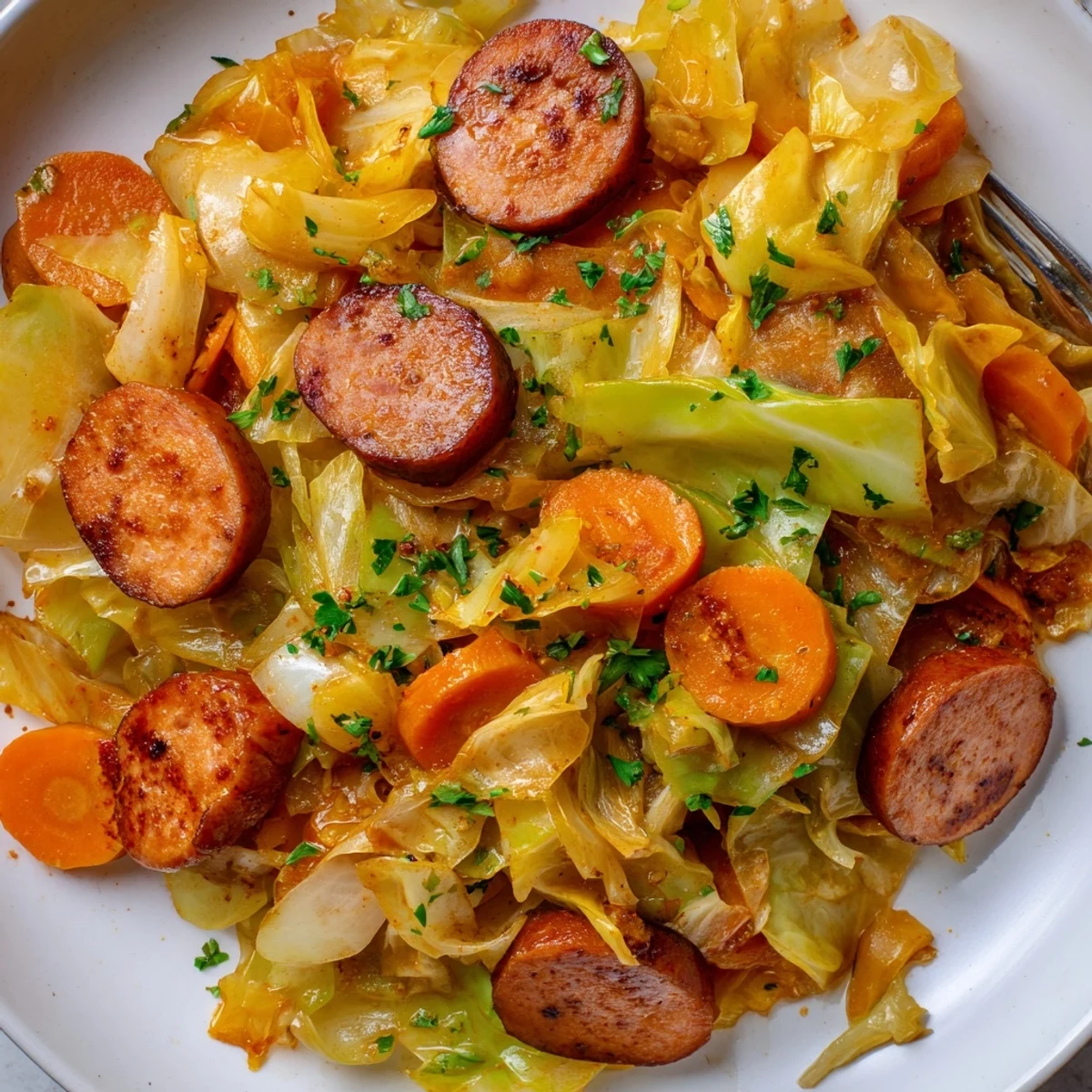 Sizzling sausage & cabbage skillet with vibrant veggies, perfect for weeknight dinners.  