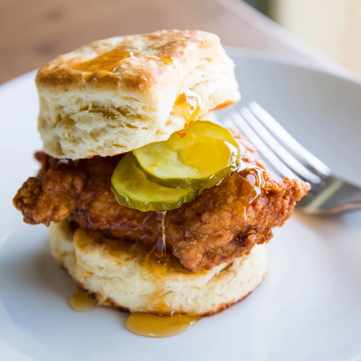 Buttery Nashville Hot Honey Biscuit Sliders filled with crispy chicken and tangy pickles.  