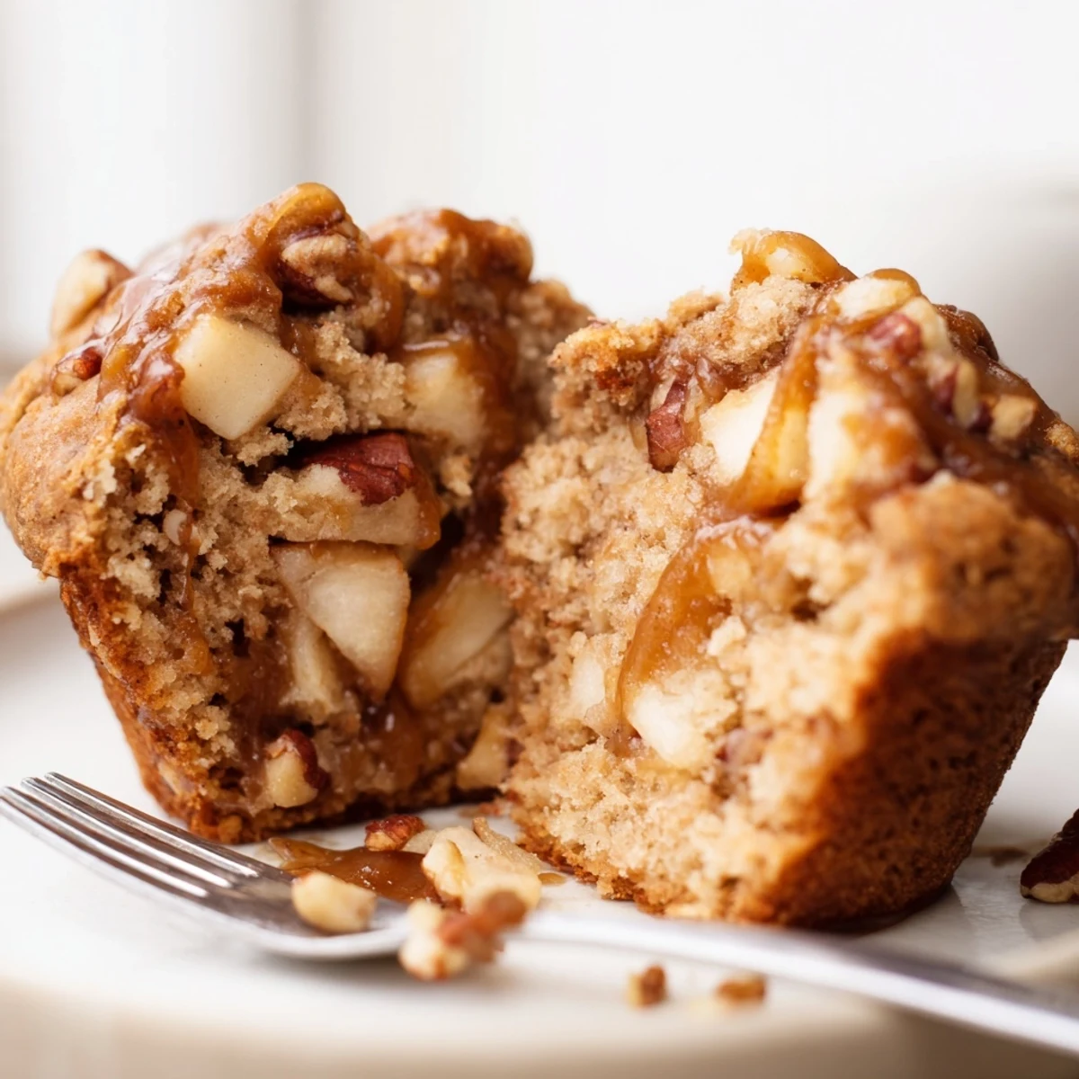 Moist Caramel Apple Pecan Muffins topped with sweet caramel for a delightful breakfast.  