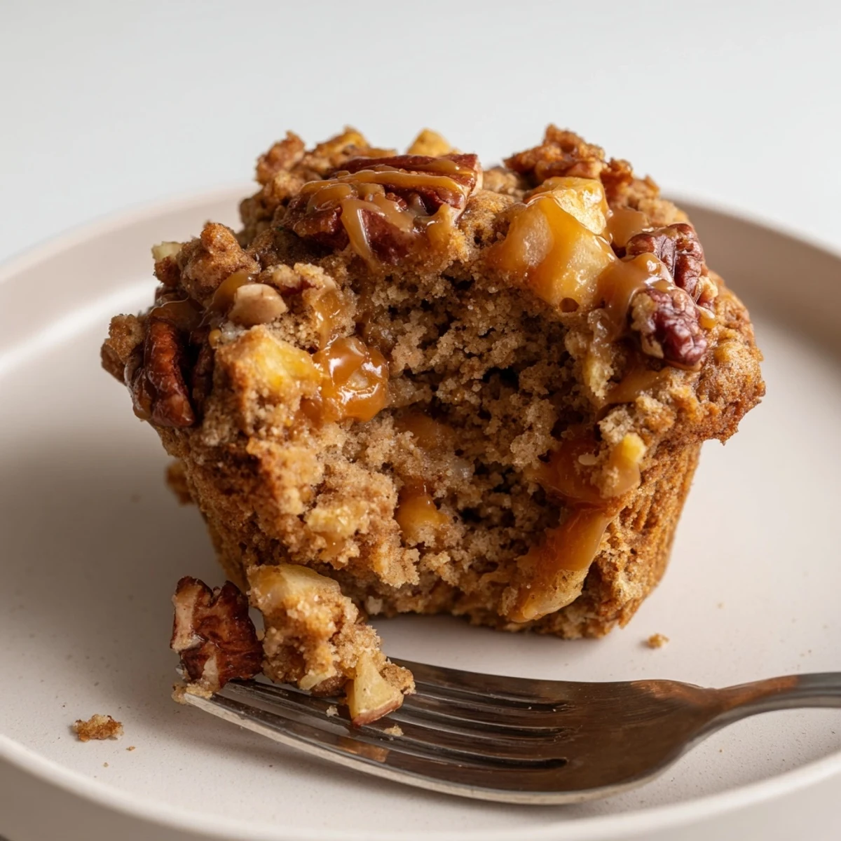 Warm, fluffy Caramel Apple Pecan Muffins drizzled with caramel, perfect for sharing.