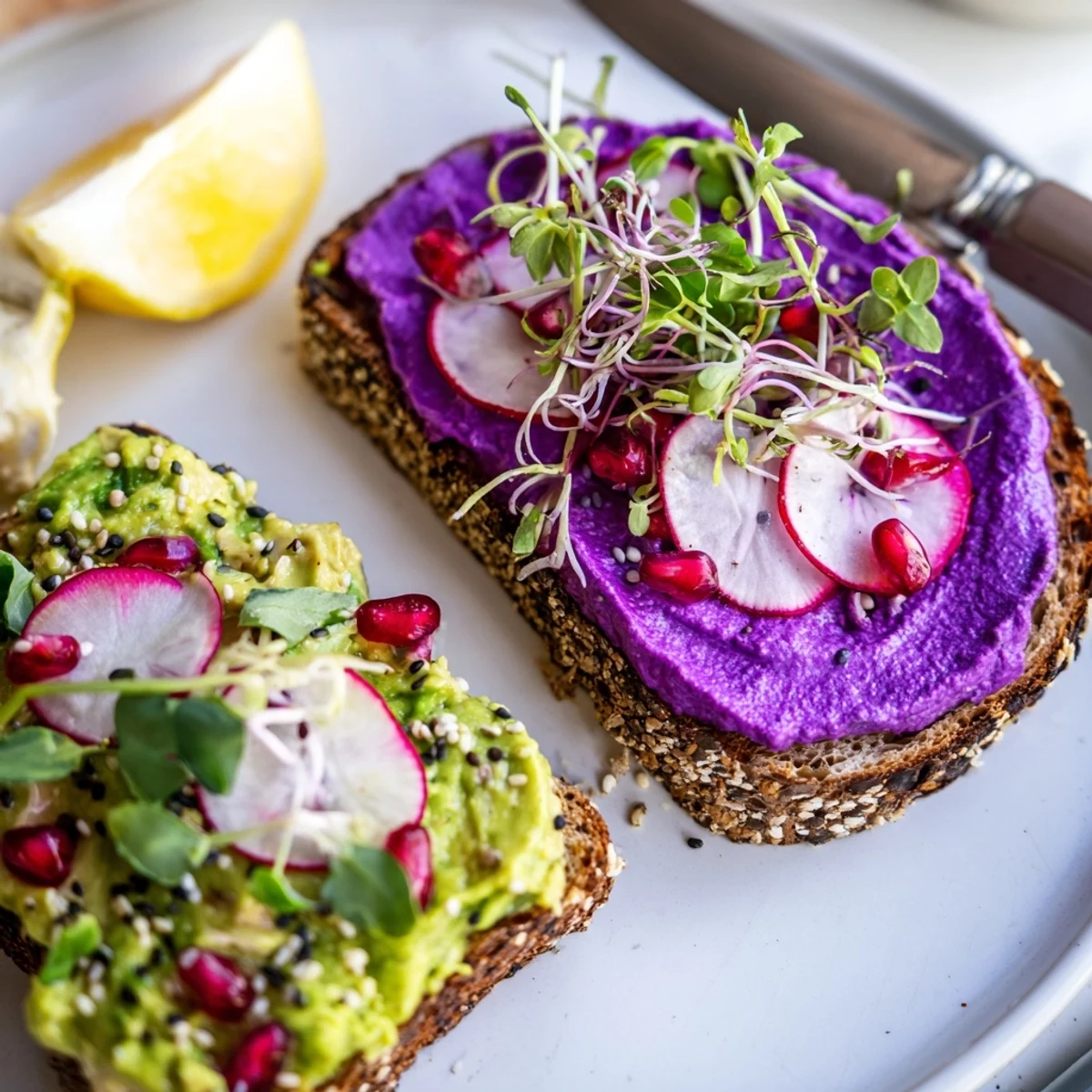 Lively Bright & Bold Breakfast Toasts garnished with radishes, pomegranate, and sesame seeds for added crunch.