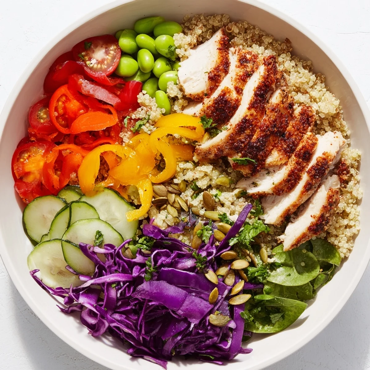 Vibrant healthy meal-prep bowls layered with colorful veggies and quinoa.  