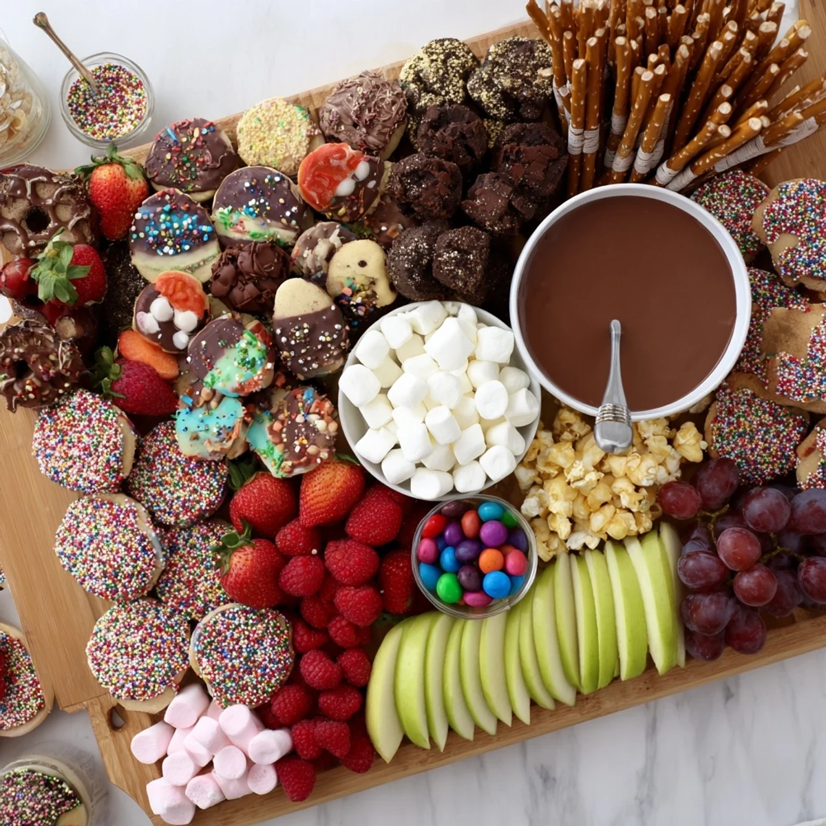 Savor the delicious array on this Dessert Board with Themed Snacks, showcasing treats and dips.