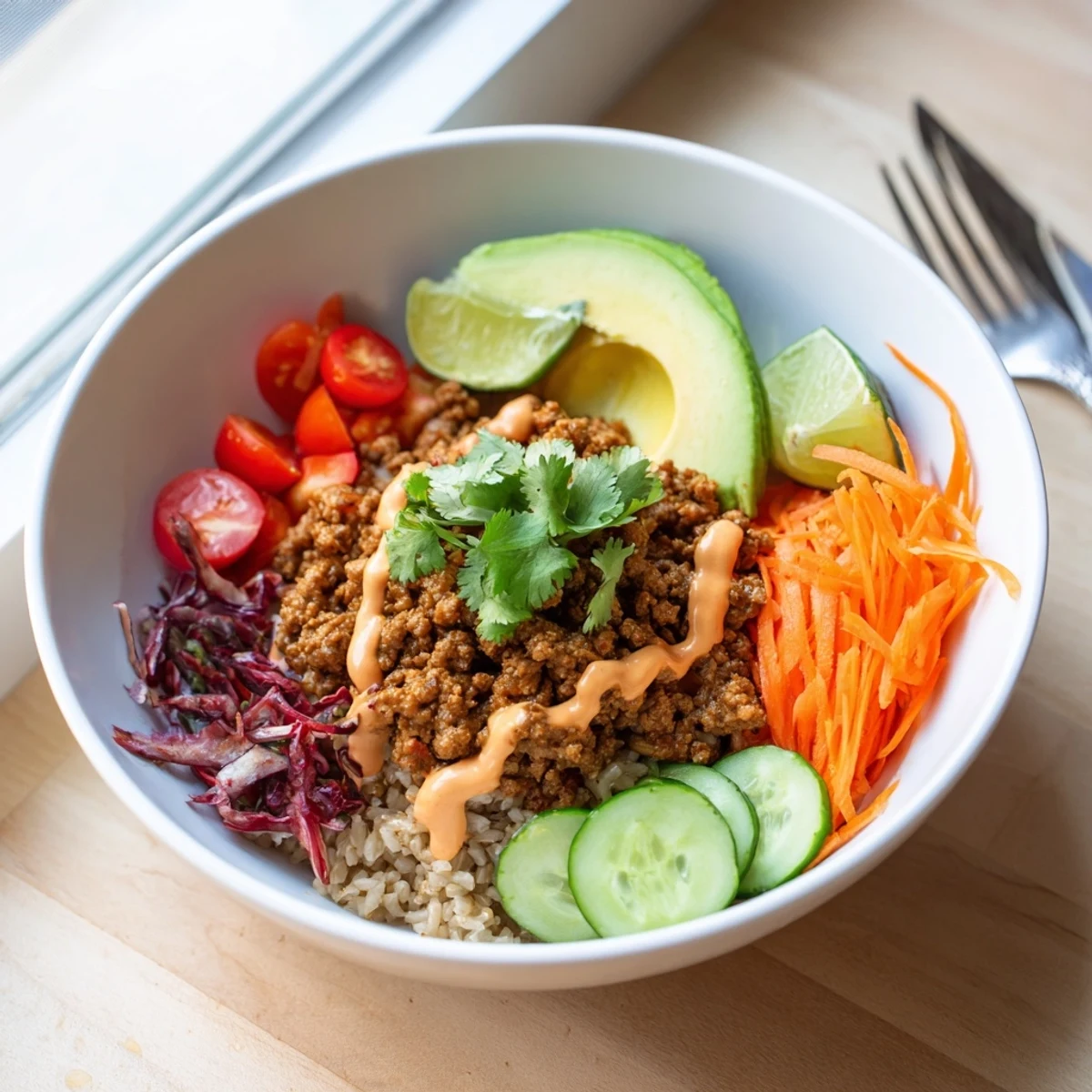 A colorful plant-based meat bowl topped with fresh veggies and zesty lime.  
