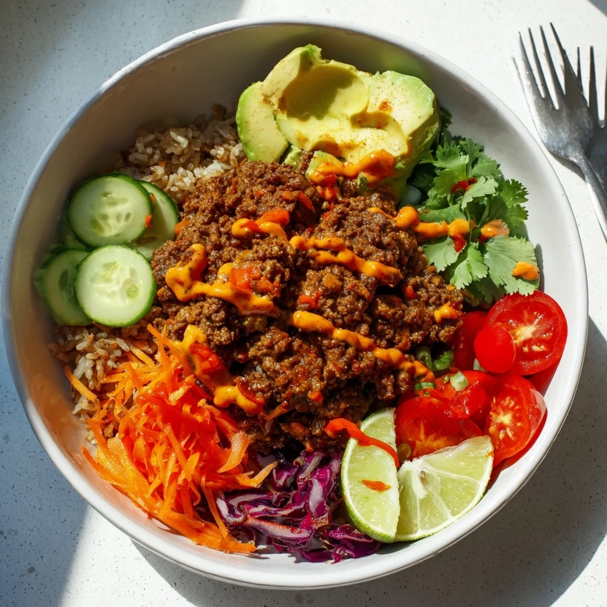 Delicious plant-based meat bowl featuring vibrant vegetables and a creamy dressing.