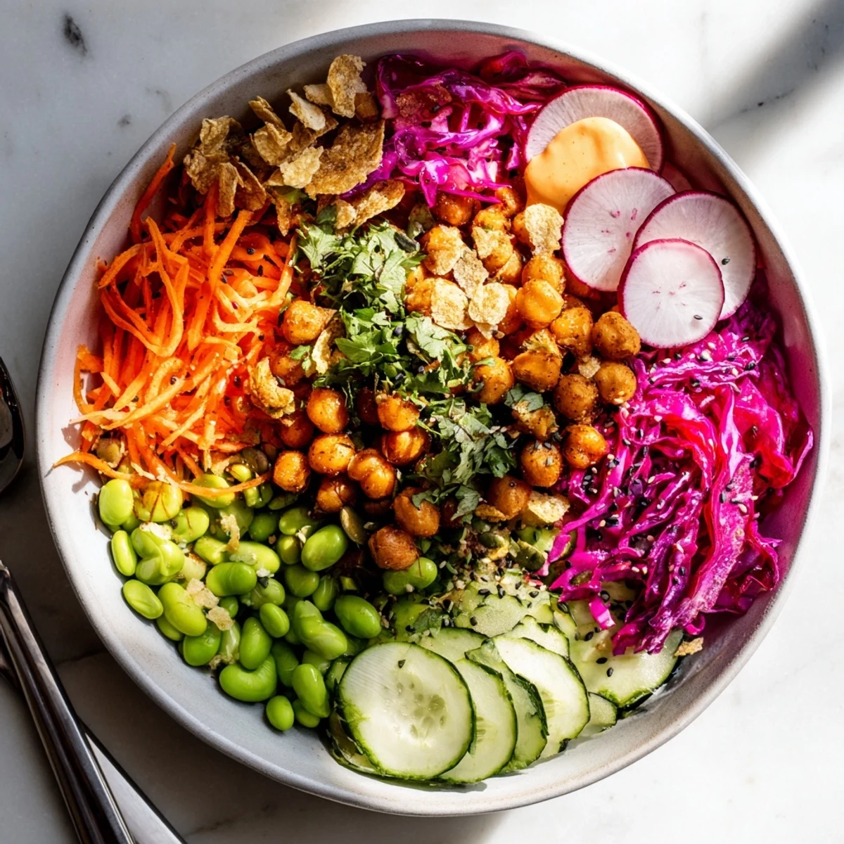 Refreshing ASMR Crunch Snack Bowls featuring layers of fresh vegetables and a spicy dip.