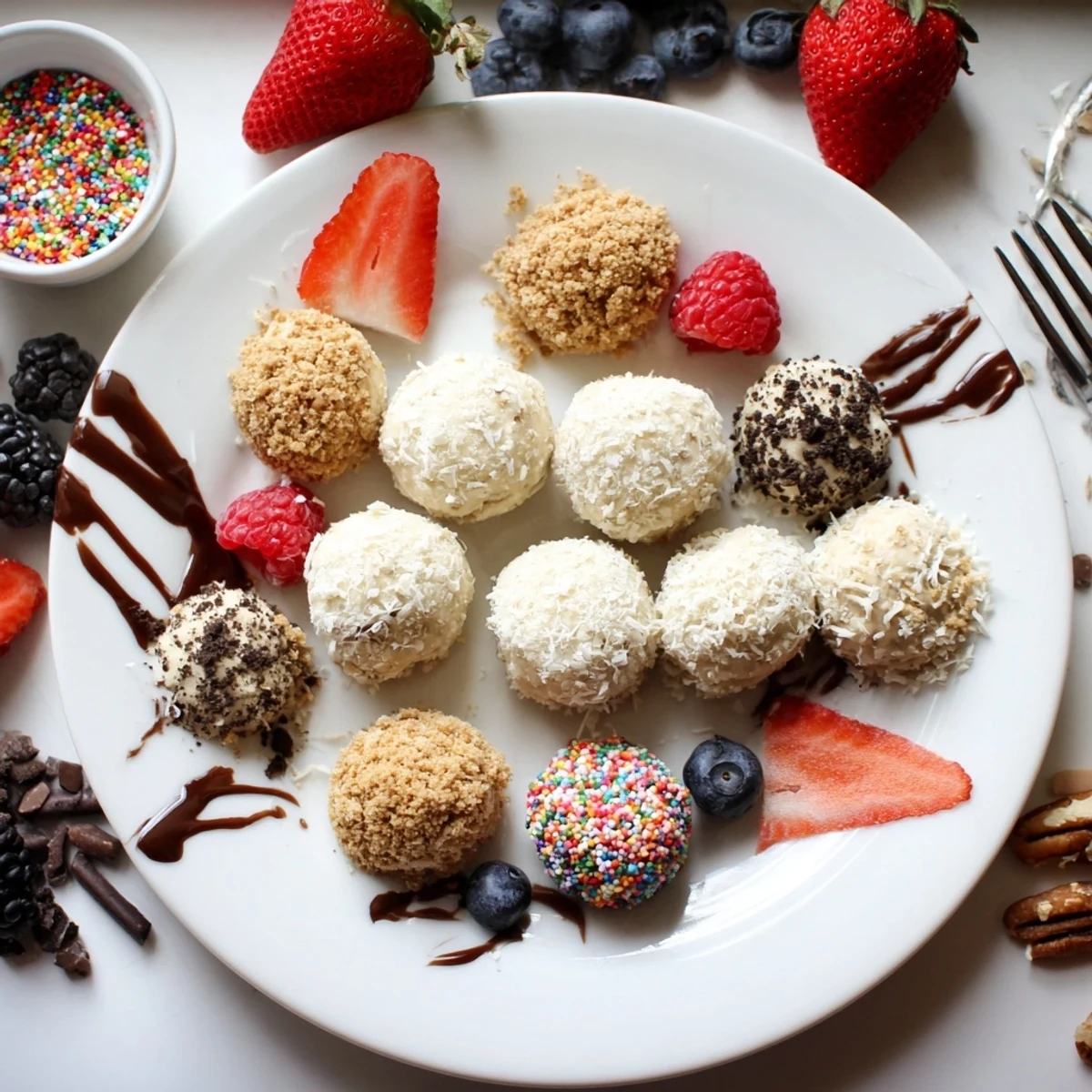 Delightful deconstructed dessert board featuring creamy cheesecake bites and vibrant toppings.  