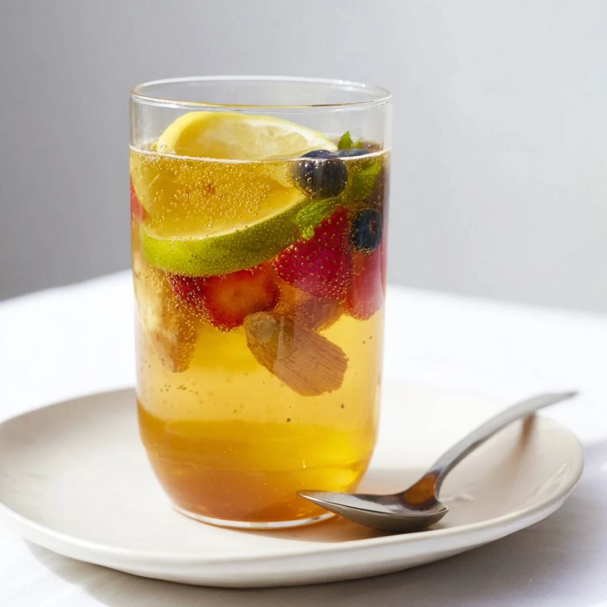 Homemade fermented drinks: Kombucha-style mocktails with fresh herbs and colorful berries.  
