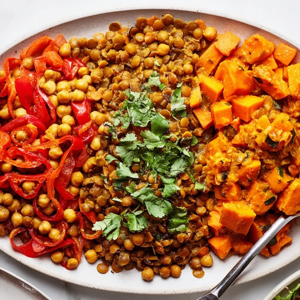Colorful Thai Red Lentil Curry bubbling with vegetables and creamy coconut milk.  