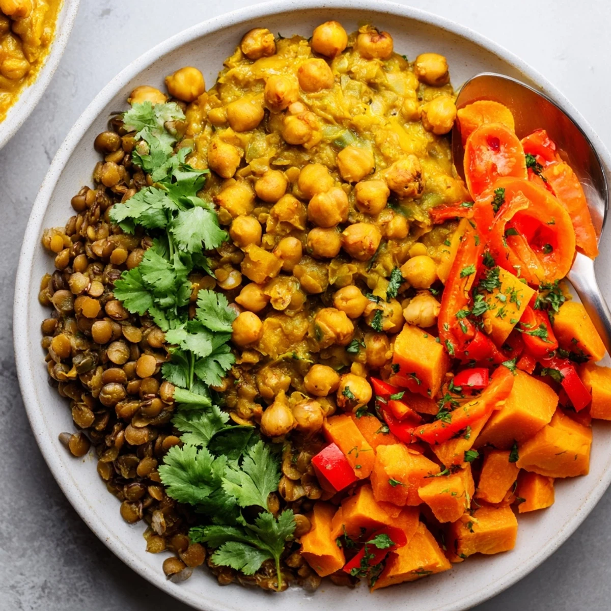 Hearty Caribbean Sweet Potato Curry served warm, featuring black beans and vibrant spices.