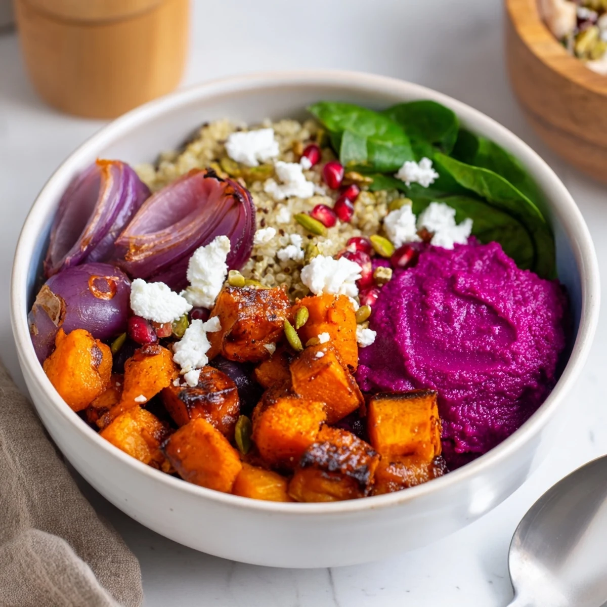 Warm seasonal Spiced Winter Bowl featuring colorful vegetables and spiced grain base.