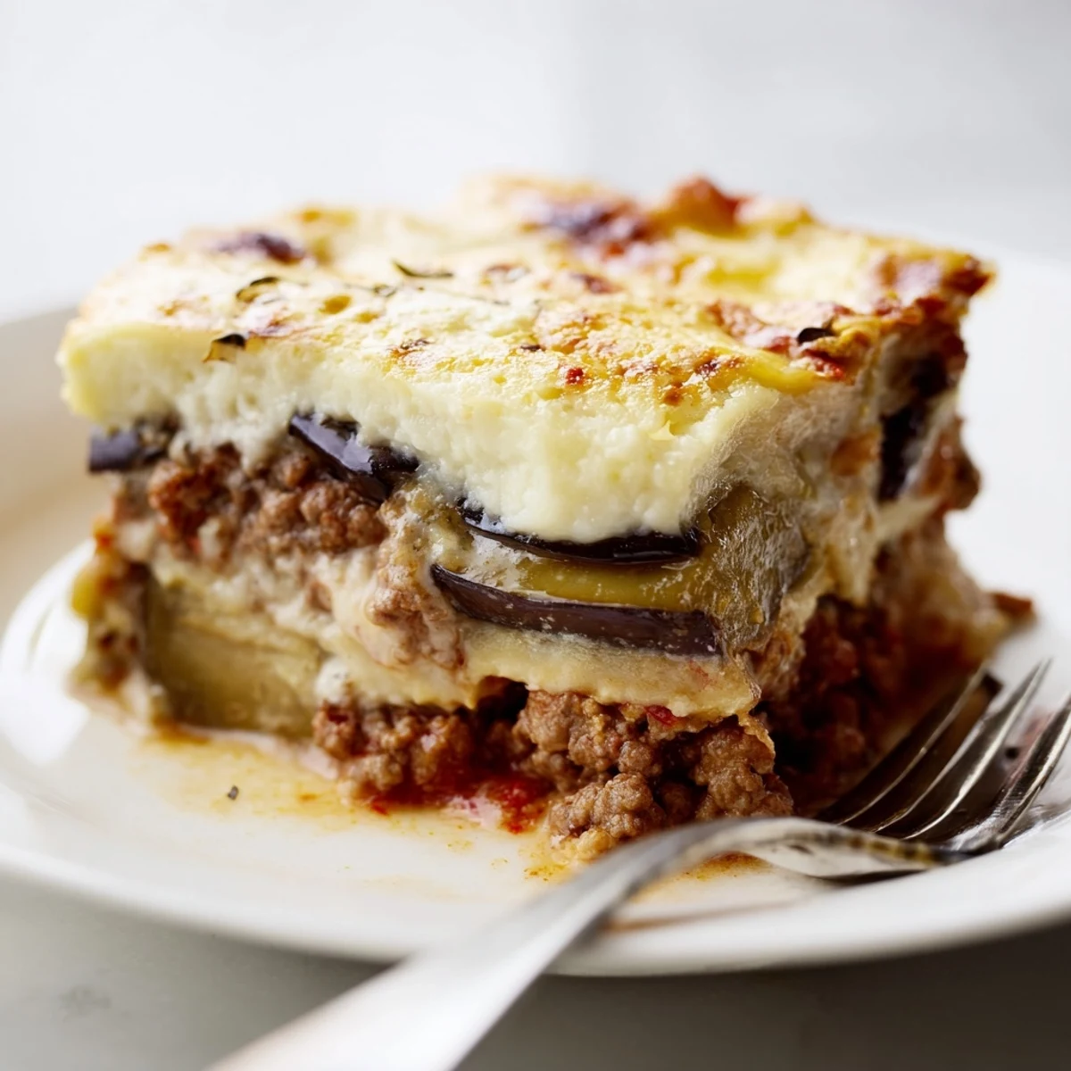 Classic Greek moussaka with beef and eggplant, topped with creamy béchamel sauce.  