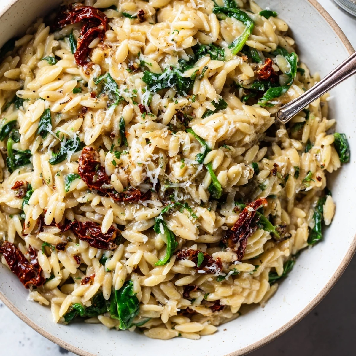 Creamy Tuscan Orzo Bowl featuring rich pasta in savory garlic-Parmesan sauce and spinach.  