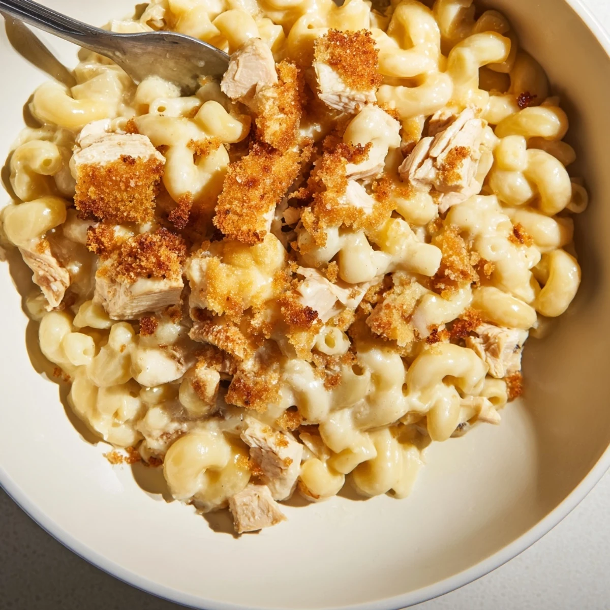 Mouthwatering Classic Mac & Cheese with BBQ Chicken, baked until bubbly and irresistible.