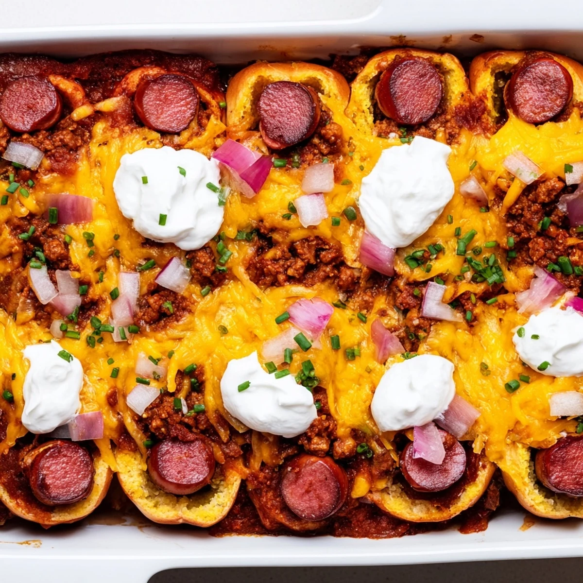 Delicious Chili Dog Casserole topped with bubbling cheese and fresh chives.  