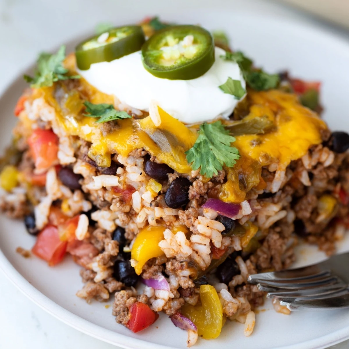 Savory Tex-Mex Beef & Rice Casserole topped with gooey cheddar cheese and herbs.  