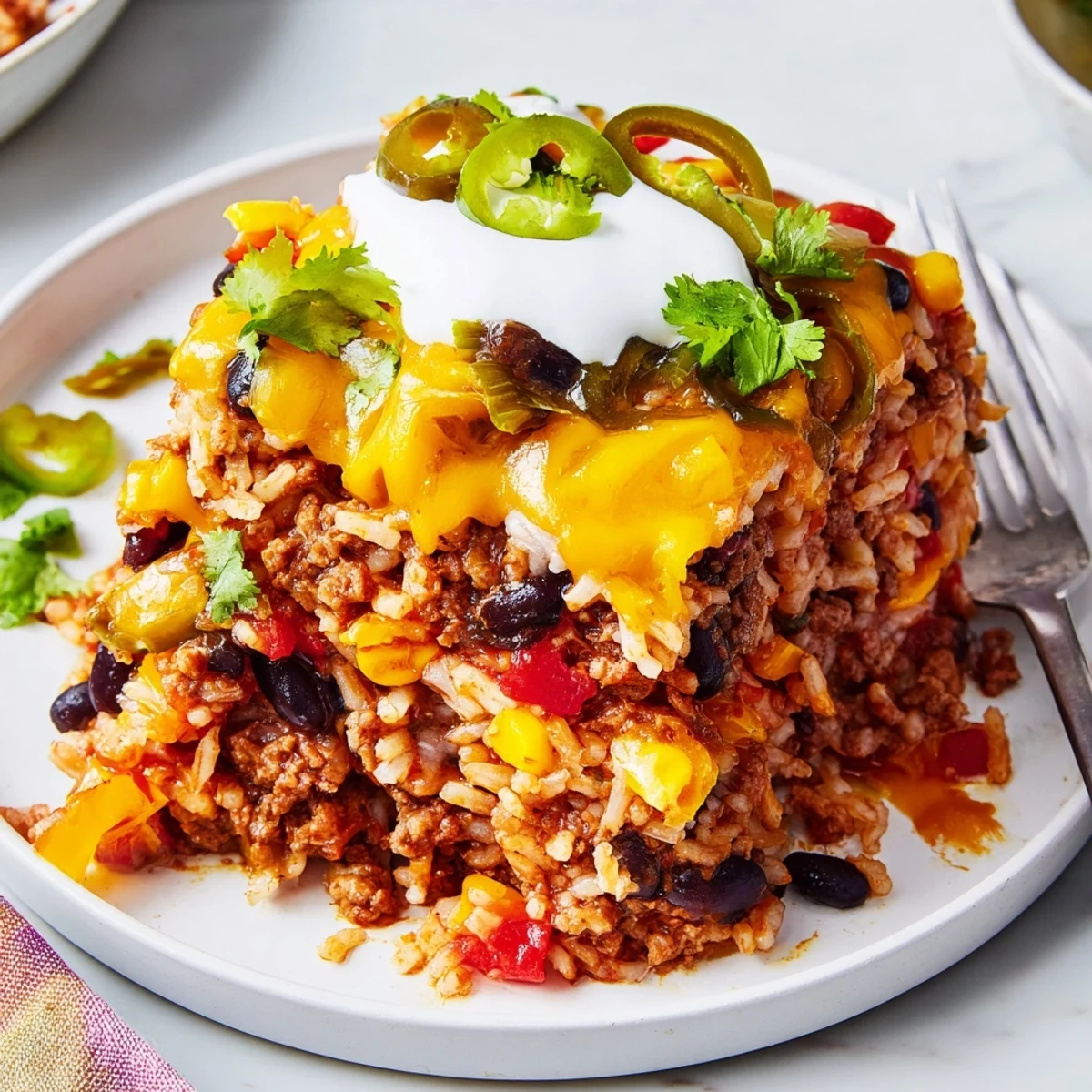 Comforting Tex-Mex Beef & Rice Casserole, bursting with zesty flavors and melted cheese.