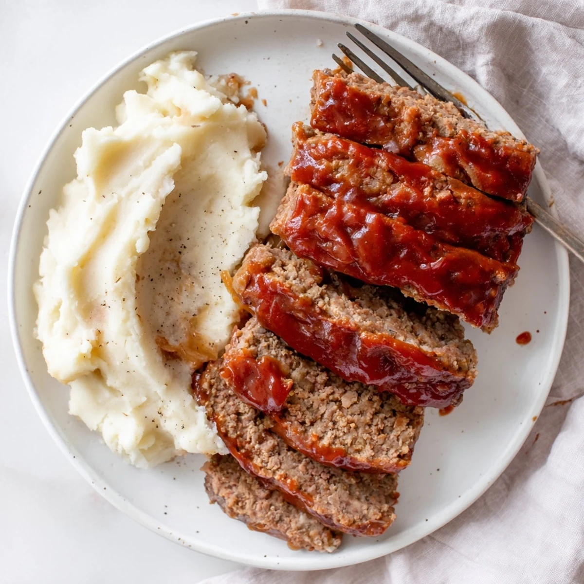 Classic Meatloaf & Mashed Potatoes served on a rustic plate, highlighting comfort food appeal.  
